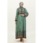 Sefa Merve Büyük Beden Çiçek Desenli Viskon Elbise 4084-04 Çağla Yeşil - 44 - Çağla Yeşili