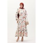 Sefa Merve Büyük Beden Desenli Keten Elbise 91817-03 Krem Kiremit - 44