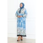 Sefa Merve Büyük Beden Desenli Viskon Elbise 5071-01 Indigo - 44 - İndigo