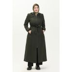 Sefa Merve Büyük Beden Kapüşonlu Fermuarlı Pardesü 0478-04 Haki - 48