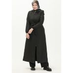Sefa Merve Büyük Beden Kapüşonlu Fermuarlı Pardesü 0478-06 Siyah - 48
