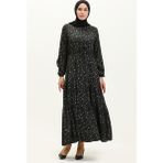 Sefa Merve Büzgülü Desenli Elbise 81802-01 Siyah - 40