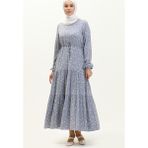 Sefa Merve Büzgülü Desenli Elbise 81802-02 Mavi - 38