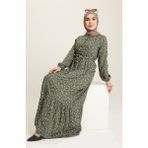 Sefa Merve Çiçek Desenli Elbise 4066-06 Nefti Yeşil - 48
