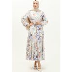 Sefa Merve Desenli Büzgülü Elbise 5950-01 Bej - 38