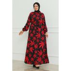 Sefa Merve Desenli Kuşaklı Elbise 0477-03 Siyah Kırmızı - 38 - 40