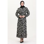 Sefa Merve Desenli Kuşaklı Viskon Elbise 0013-02 Siyah Beyaz - 38 - 40