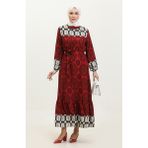 Sefa Merve Desenli Kuşaklı Viskon Elbise 0379-04 Kırmızı - 38 - 40