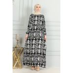 Sefa Merve Desenli Kuşaklı Viskon Elbise 0499-09 Siyah Beyaz - 38 - 40