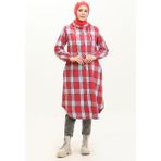 Sefa Merve Ekose Desen Kapüşonlu Kap NZR001C-06 Kırmızı Indigo - 42 - 44