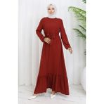 Sefa Merve Eteği Fırfırlı Kuşaklı Elbise 4103-02 Kırmızı - 38 - 40