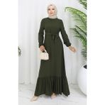 Sefa Merve Eteği Fırfırlı Kuşaklı Elbise 4103-03 Haki - 50 - 52
