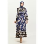 Sefa Merve Etek Ucu Büzgülü Desenli Elbise 0377-03 Siyah Lacivert - 38 - 40