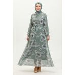 Sefa Merve Gül Desenli Kuşaklı Şifon Elbise 81832-03 Mint Yeşili - 40