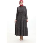 Sefa Merve Hakim Yaka Çiçek Desenli Elbise 0197-01 Siyah Lila - 40 - 42