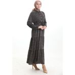 Sefa Merve Hakim Yaka Çiçek Desenli Elbise 0197-03 Siyah Haki - 48 - 50
