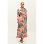 Sefa Merve Sandy Uzun Desenli Mevsimlik Elbise 8692-01 Siyah Hardal - 38 - 40