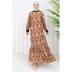 Sefa Merve Şifon Kumaş Yaprak Desenli Elbise 0054-01 Kahverengi - 50 - 52