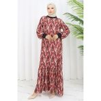 Sefa Merve Şifon Kumaş Yaprak Desenli Elbise 0054-02 Mürdüm - 38 - 40