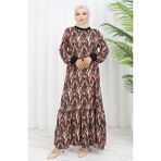 Sefa Merve Şifon Kumaş Yaprak Desenli Elbise 0054-03 Siyah - 42 - 44