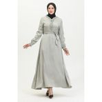 Sefa Merve Simli Keten Kuşaklı Elbise 81863-06 Mint Yeşili - 48