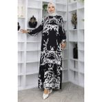 Sefa Merve Viskon Kumaş Desenli Elbise 2040-07 Siyah Beyaz - 38 - 40