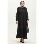 Sefa Merve Volanlı Düz Elbise 0405-02 Siyah - 38 - 40