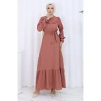 Sefa Merve Yakası Fırfırlı Kuşaklı Elbise 2123-02 Gül Kurusu - 42 - 44