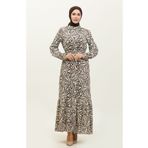 Sefamerve 0342A-03 Rana Palmiye Desen Viskon Bej Kahverengi Kadın Elbise