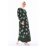 Sefamerve 0450-06 Desenli Şile Bezi Koyu Yeşil Elbise