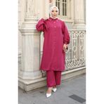 sefamerve Aerobin Kumaş Düğmeli Tunik Pantolon İkili Takım 2147-02 Fuşya
