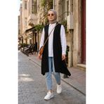sefamerve Büyük Beden Dar Kesim Incecik Penye Cotton Uzun Yelek 8768-01 Siyah
