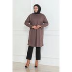 sefamerve Büyük Beden Mevsimlik Rahat Kesim Basic Tunik 8738-01 Kahverengi