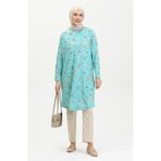 sefamerve Çiçek Desenli Rahat Kesim Dökümlü Krep Tunik 8717-01 Mint Mavi