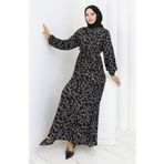 sefamerve Çiçek Desenli Viskon Elbise 0113-02 Siyah