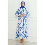 sefamerve Desenli Kuşaklı Keten Elbise 0471A-02 Bej Saks