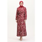 sefamerve Desenli Kuşaklı Viskon Elbise 0011-05 Bordo