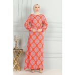 sefamerve Desenli Kuşaklı Viskon Elbise 0493-03 Oranj Mor