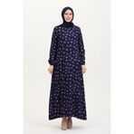 sefamerve Desenli Viskon Elbise 0007-02 Lacivert