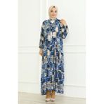 sefamerve Desenli Viskon Elbise 0466-03 İndigo