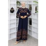 sefamerve Desenli Viskon Elbise 4076-01 Lacivert
