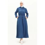 sefamerve Kapüşonlu Beli Büzgülü Ferace 61346-06 İndigo