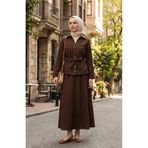 sefamerve Keten Kumaş Etek Ceket ikili Takım 0256-03 Kahverengi
