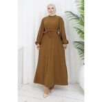 sefamerve Kolu lastikli Kuşaklı Elbise 2161-01 Taba