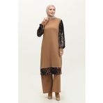 sefamerve Payetli Abiye Tunik Pantolon İkili Takım 0318-01 Sütlü kahve