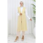 sefamerve Sade Ince Basic Uzun Yelek Kadın Yelek Büyük Beden Yelek 8763-05 Açık Sarı