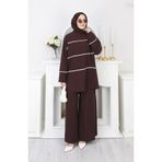 sefamerve Sandy Çizgili Tunik Pantolon ikili Takım 5800-01 Kahverengi