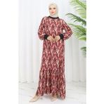 sefamerve Şifon Kumaş Yaprak Desenli Elbise 0054-02 Mürdüm
