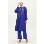 sefamerve Taş Baskılı Abiye Tunik Pantolon İkili Takım 0410-03 Saks