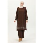 sefamerve Taş Baskılı Araboy Abiye Tunik Pantolon İkili Takım 0409-02 Kahverengi
